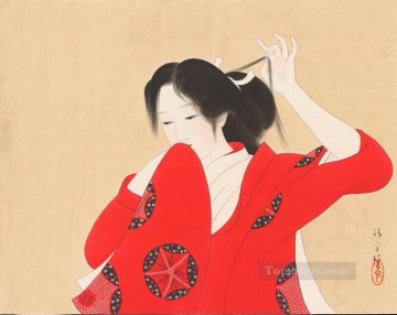 bijin en kimono rojo Kiyokata Kaburagi japonés Pinturas al óleo